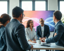 Stability AI team in a modern office with AI graphics on screen, representing creative AI development