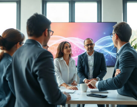 Stability AI team in a modern office with AI graphics on screen, representing creative AI development