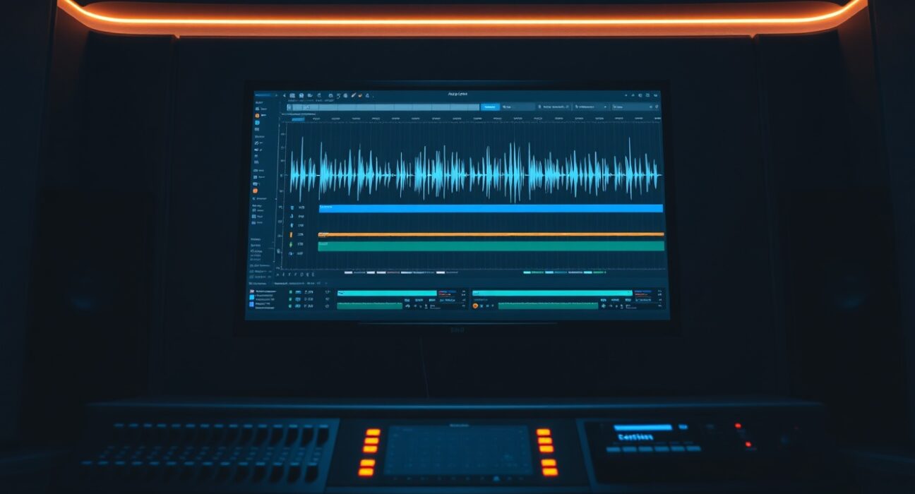 A recording studio monitor displaying an AI-generated audio waveform on a digital audio workstation screen.