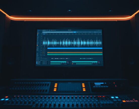 A recording studio monitor displaying an AI-generated audio waveform on a digital audio workstation screen.
