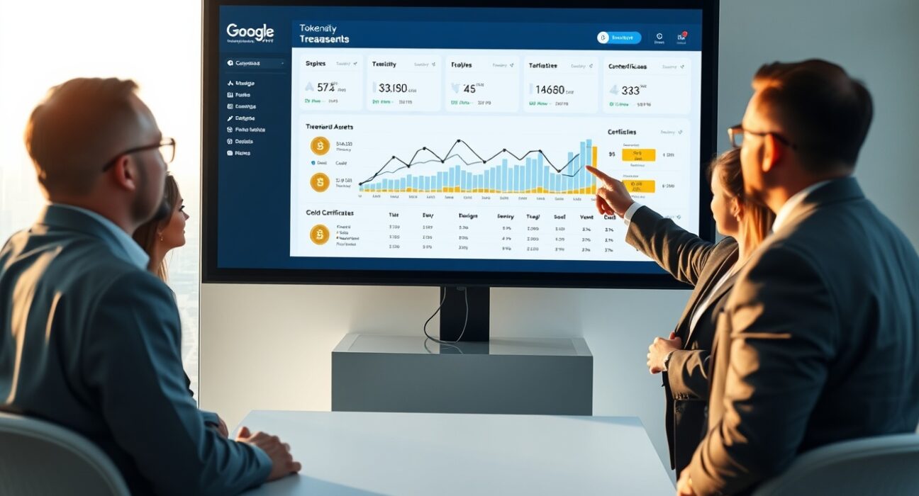 Professional financial team discussing tokenized asset dashboard in a modern treasury room