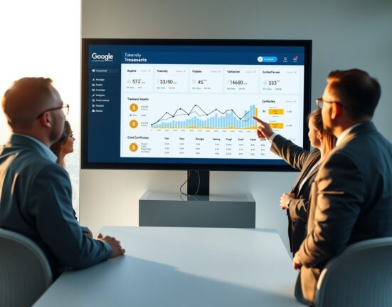 Professional financial team discussing tokenized asset dashboard in a modern treasury room