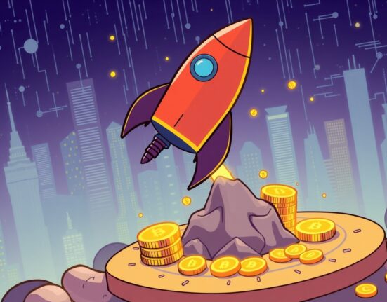Stable mainnet launch illustrated as a stable rocket ascending from a blockchain platform.