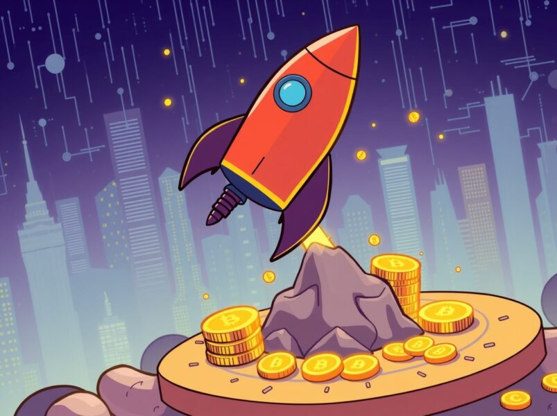 Stable mainnet launch illustrated as a stable rocket ascending from a blockchain platform.