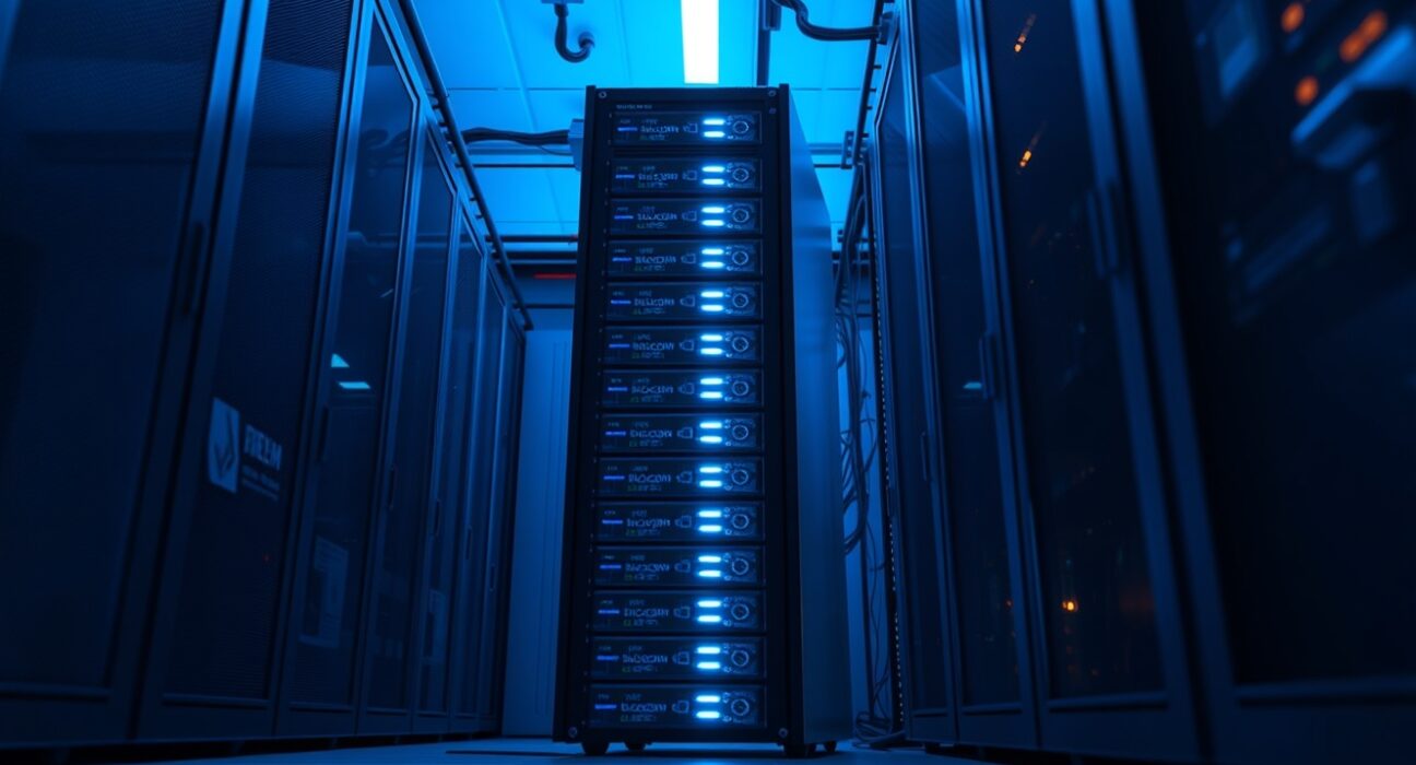 Server rack with blue LED lights representing blockchain network upgrade