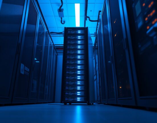 Server rack with blue LED lights representing blockchain network upgrade