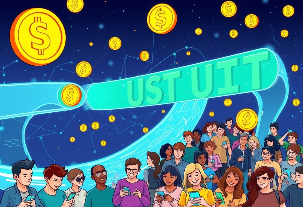 Cartoon illustrating a gas-free blockchain enabling seamless USDT transfers, symbolizing Stable mass adoption and widespread crypto use.