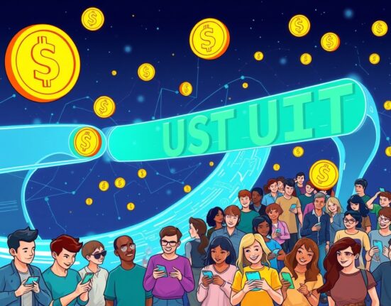 Cartoon illustrating a gas-free blockchain enabling seamless USDT transfers, symbolizing Stable mass adoption and widespread crypto use.
