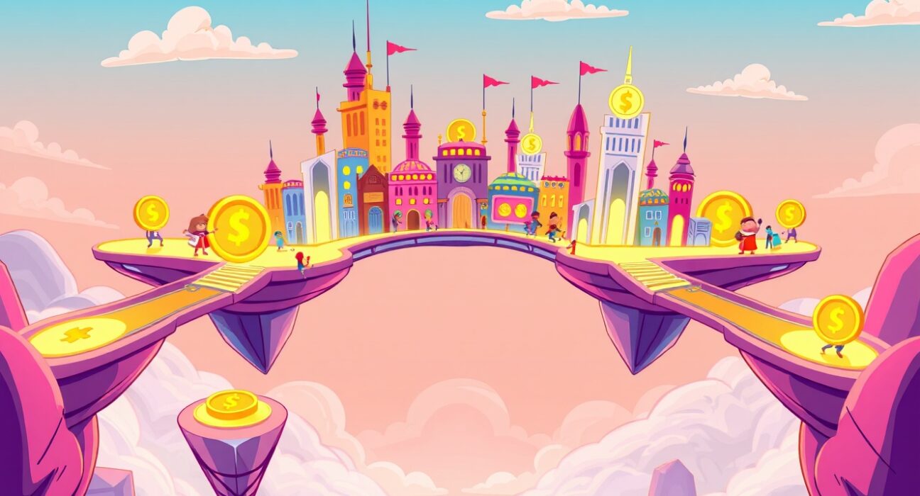 Illustration of STABLE tokenomics powering a balanced, futuristic blockchain city for stablecoins.