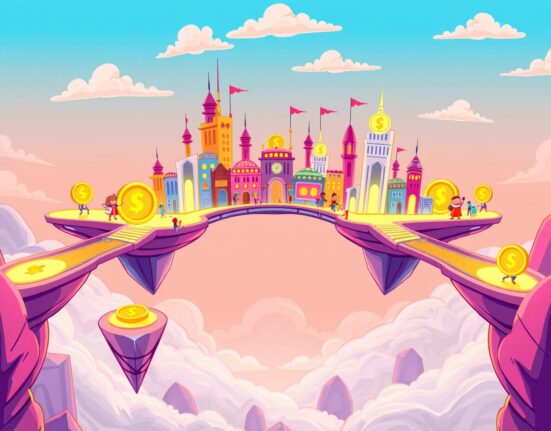 Illustration of STABLE tokenomics powering a balanced, futuristic blockchain city for stablecoins.