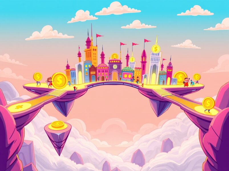 Illustration of STABLE tokenomics powering a balanced, futuristic blockchain city for stablecoins.