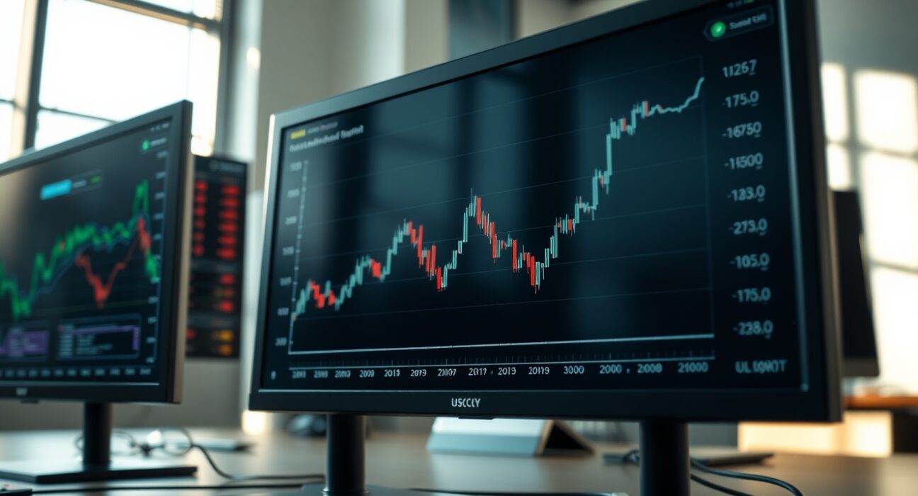 Analysis of USD/CNY exchange rate stability supporting renminbi resilience on a financial trading monitor.