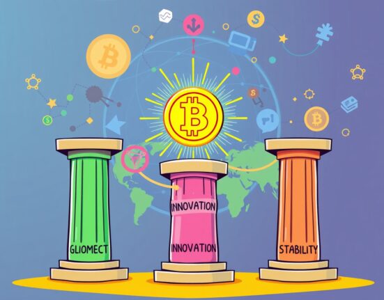 Three key pillars supporting stablecoin adoption in vibrant cartoon illustration