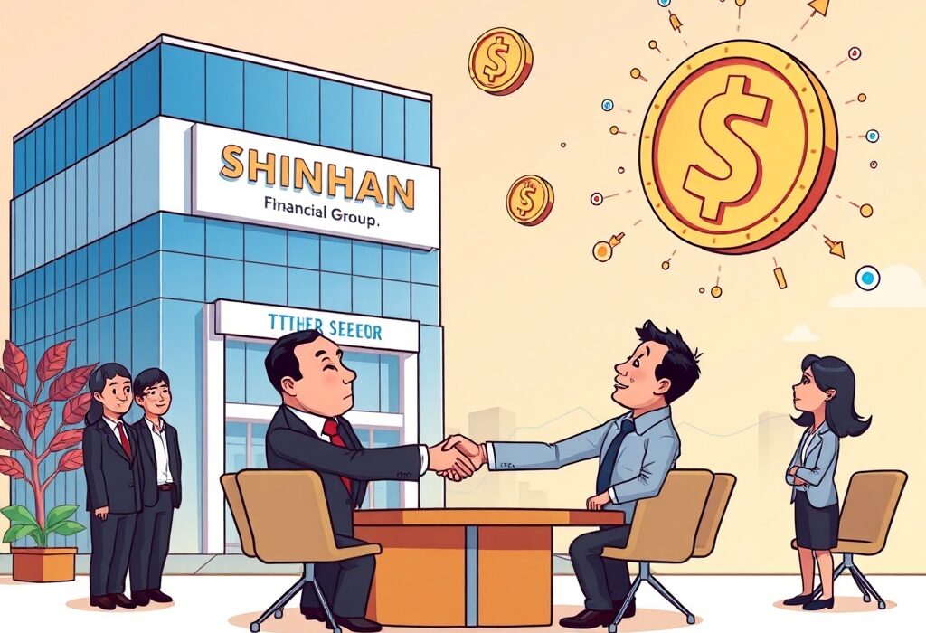 Cartoon illustration of Shinhan Financial executives discussing crucial stablecoin adoption with Tether representatives, symbolizing financial innovation.