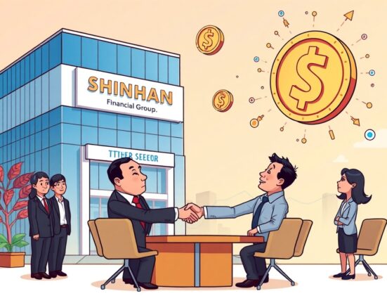 Cartoon illustration of Shinhan Financial executives discussing crucial stablecoin adoption with Tether representatives, symbolizing financial innovation.
