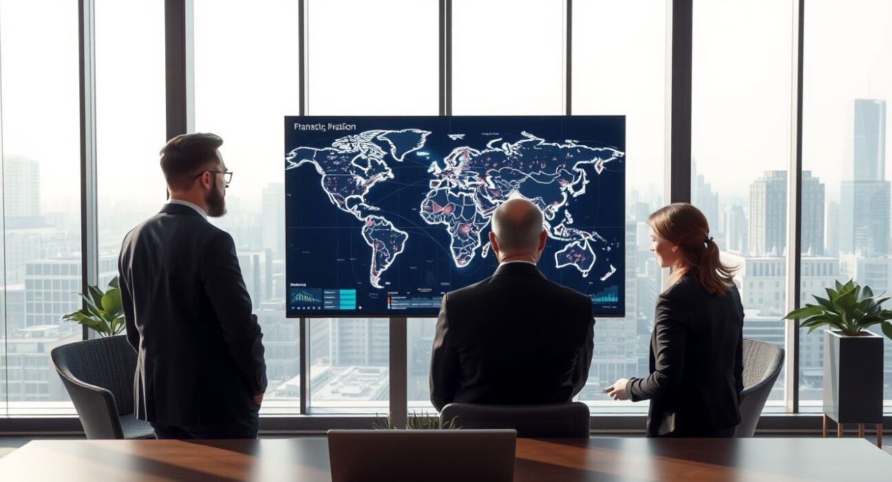Corporate finance team reviewing global payment data on a digital world map in a modern conference room