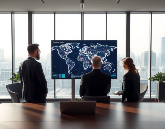 Corporate finance team reviewing global payment data on a digital world map in a modern conference room