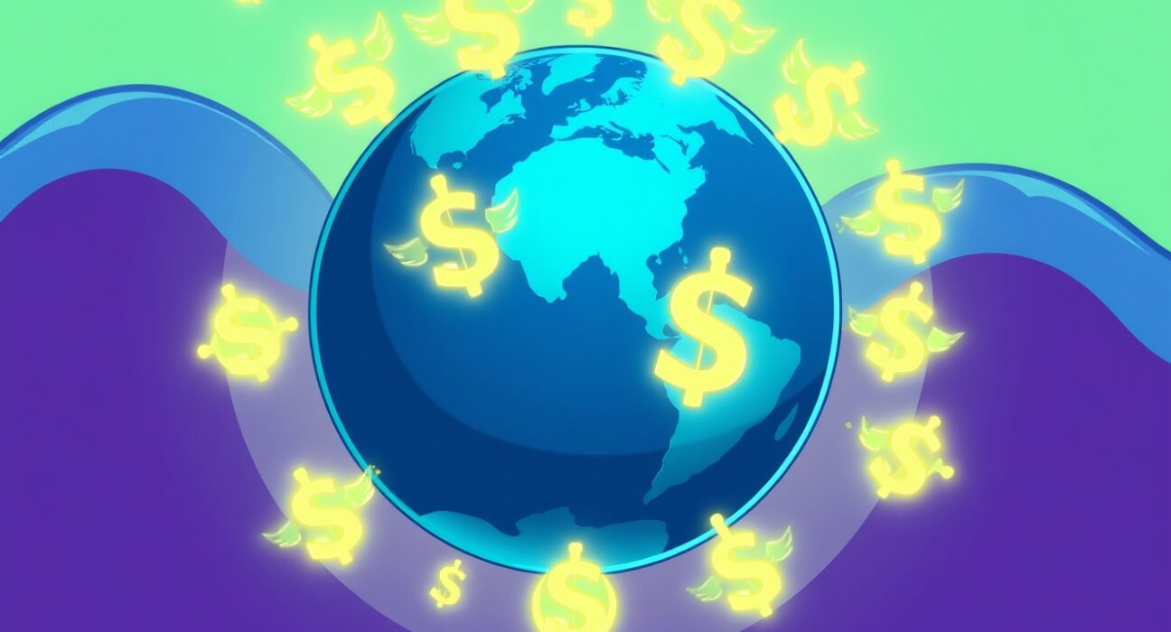 Cartoon illustration of viral stablecoin adoption spreading across a digital globe.