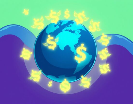 Cartoon illustration of viral stablecoin adoption spreading across a digital globe.