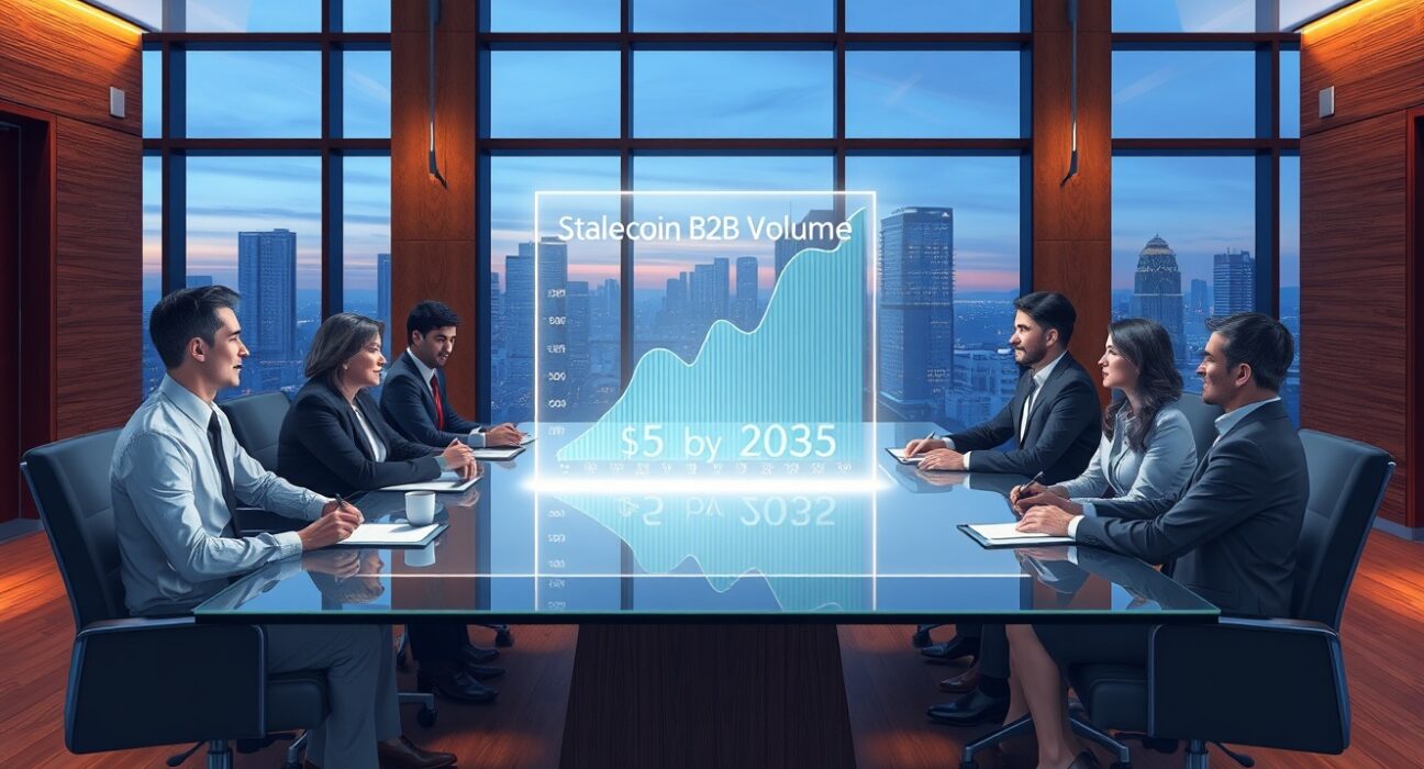 Stablecoin B2B payments projected growth graph displayed in a modern boardroom meeting