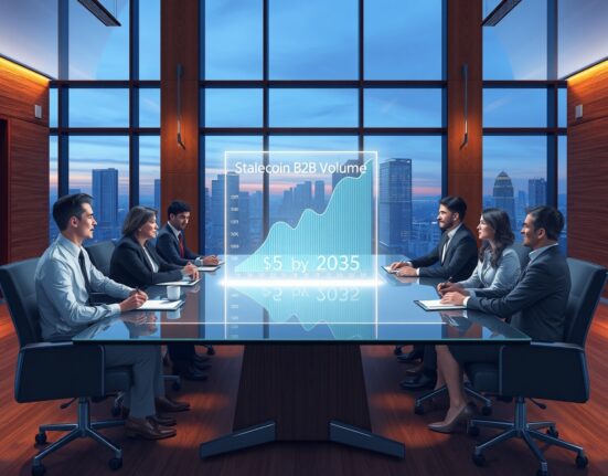 Stablecoin B2B payments projected growth graph displayed in a modern boardroom meeting