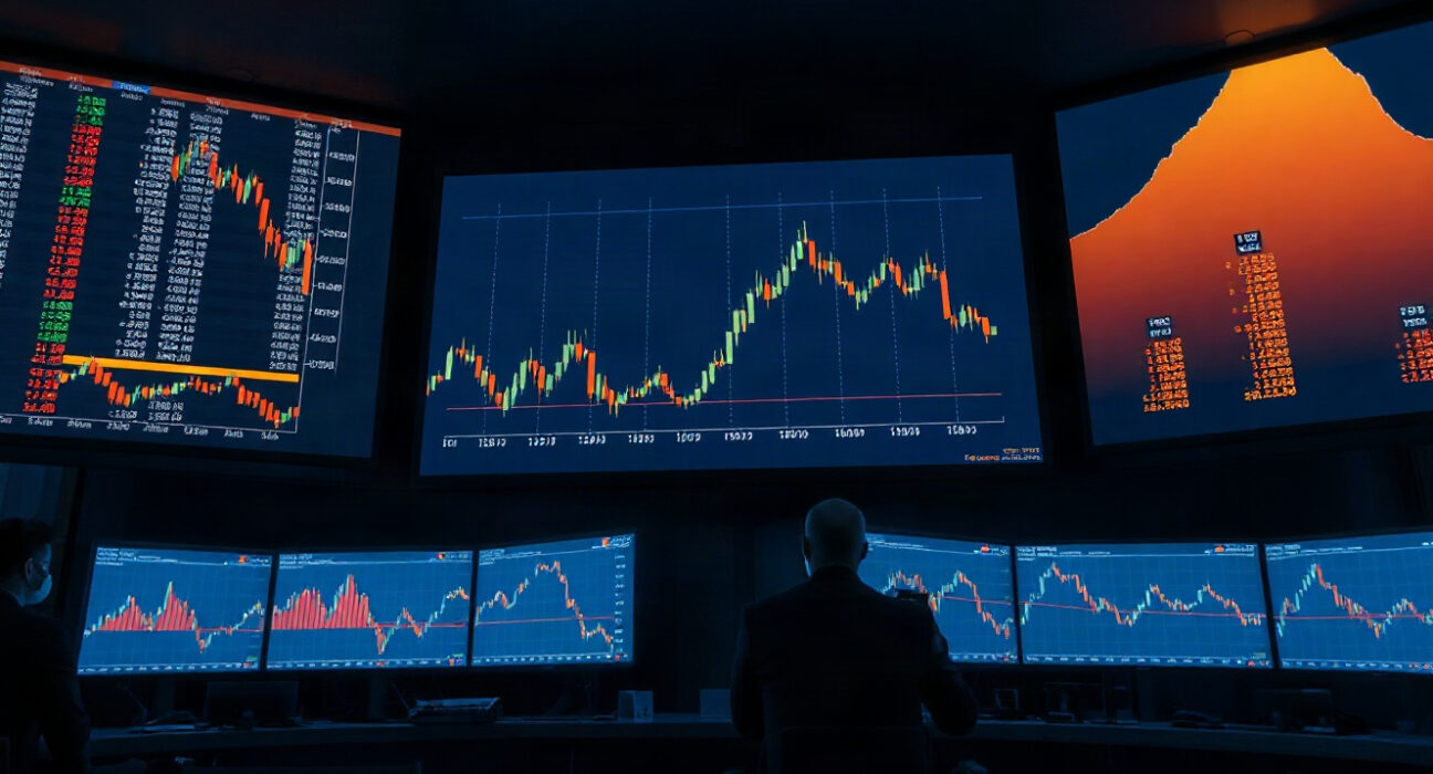 Trading floor with screens showing declining stablecoin reserves chart