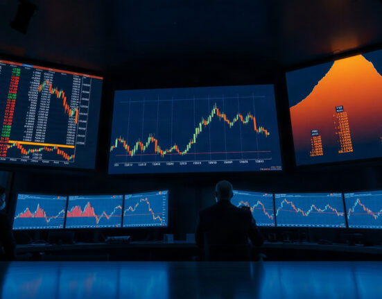 Trading floor with screens showing declining stablecoin reserves chart