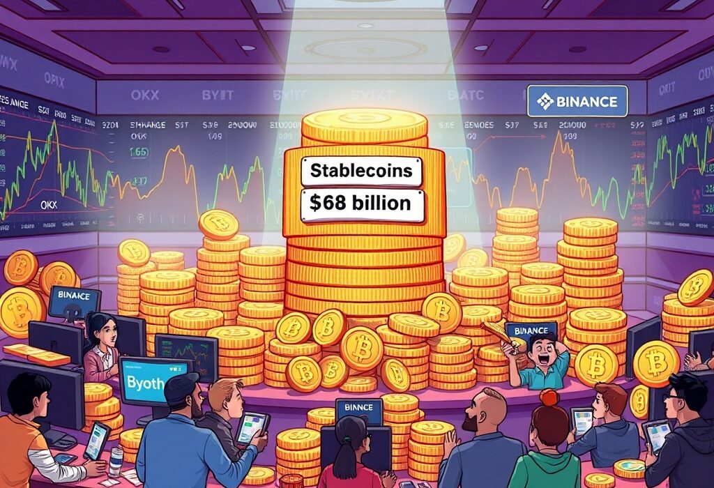 A cartoon illustration showing a large stack of digital coins on a crypto exchange platform, representing the record stablecoin balances.