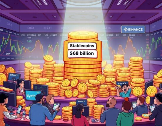 A cartoon illustration showing a large stack of digital coins on a crypto exchange platform, representing the record stablecoin balances.