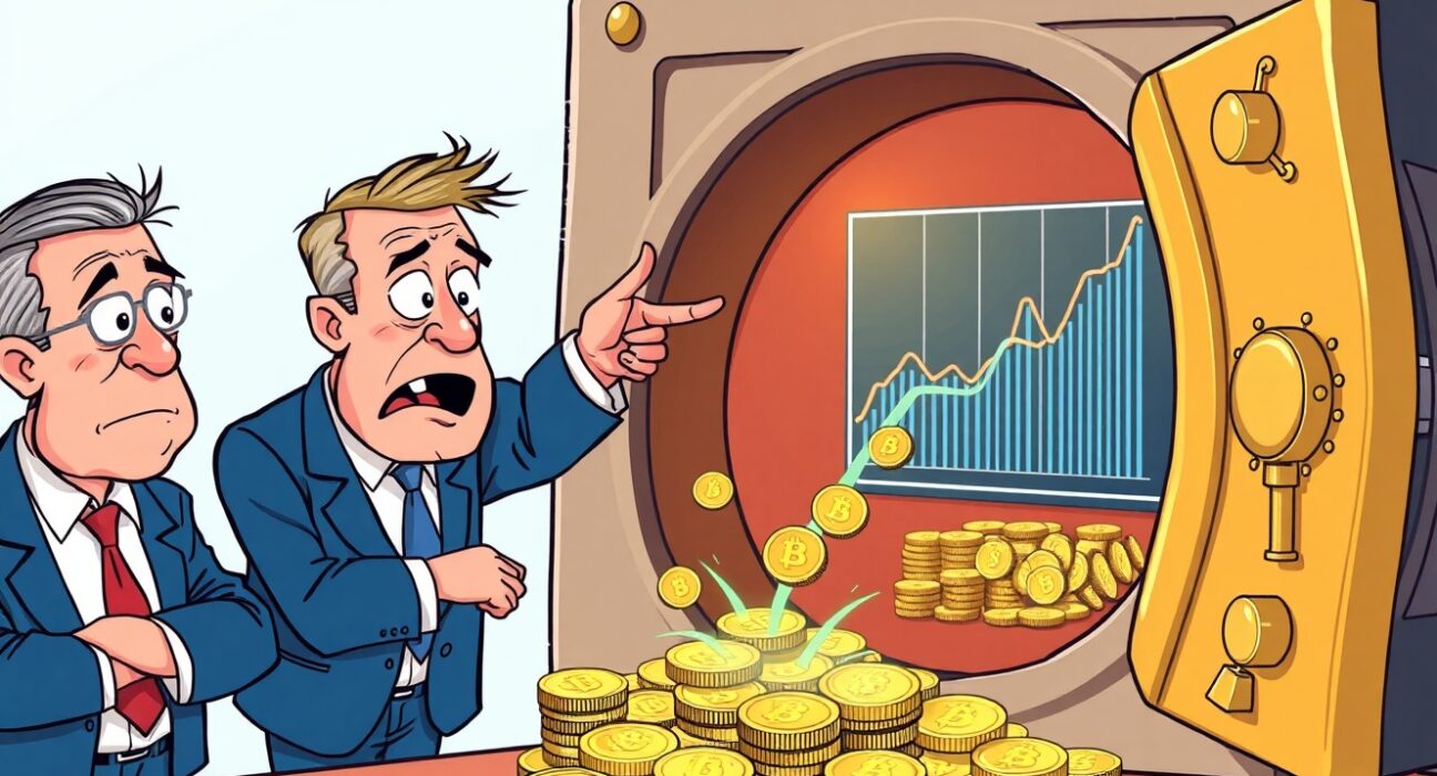 Stablecoin bank run scenario showing digital coins flowing from European central bank vault