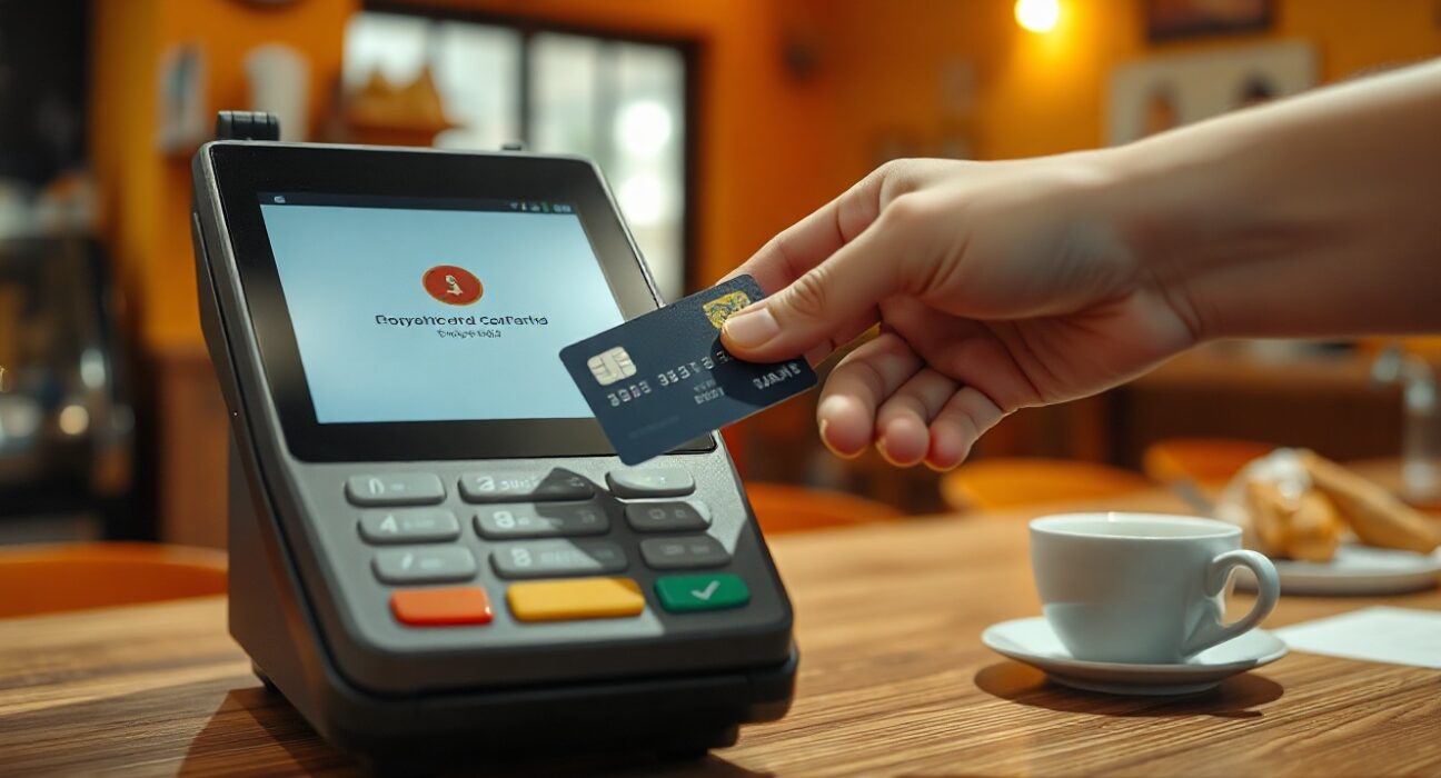 A person using a credit card at a payment terminal in a Latin American café, representing the rise of stablecoin card payments.