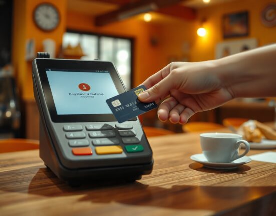 A person using a credit card at a payment terminal in a Latin American café, representing the rise of stablecoin card payments.