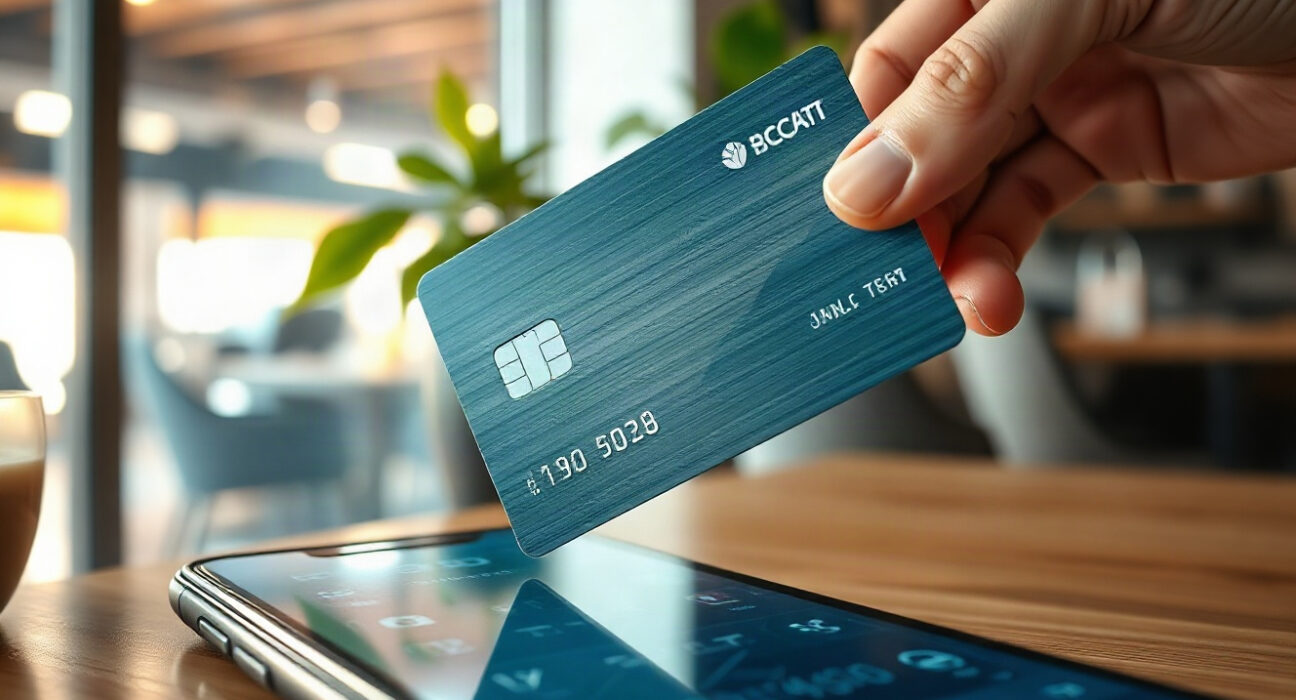 Close-up of a contactless payment card with a smartphone displaying a digital wallet, representing stablecoin card spending growth.