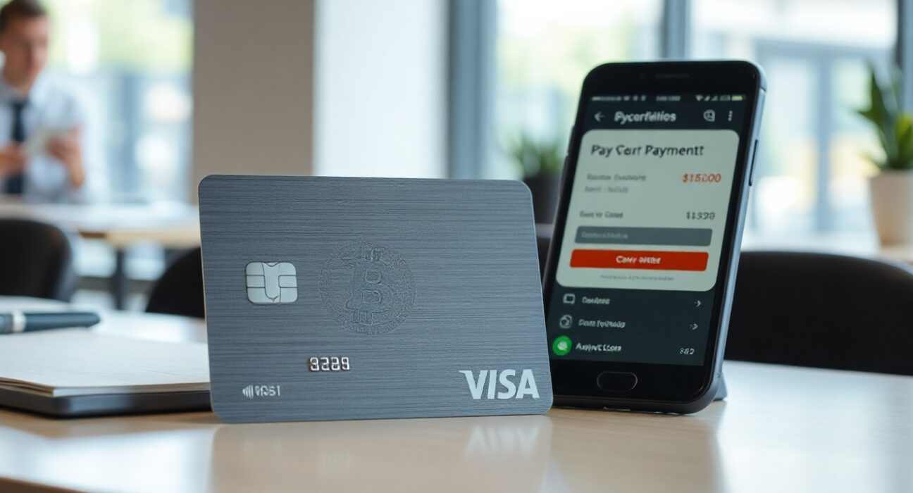 A contactless payment card with digital currency symbols on a desk next to a smartphone, representing stablecoin card spending.