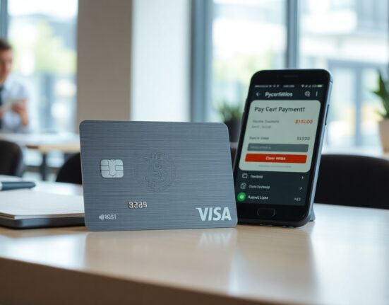A contactless payment card with digital currency symbols on a desk next to a smartphone, representing stablecoin card spending.