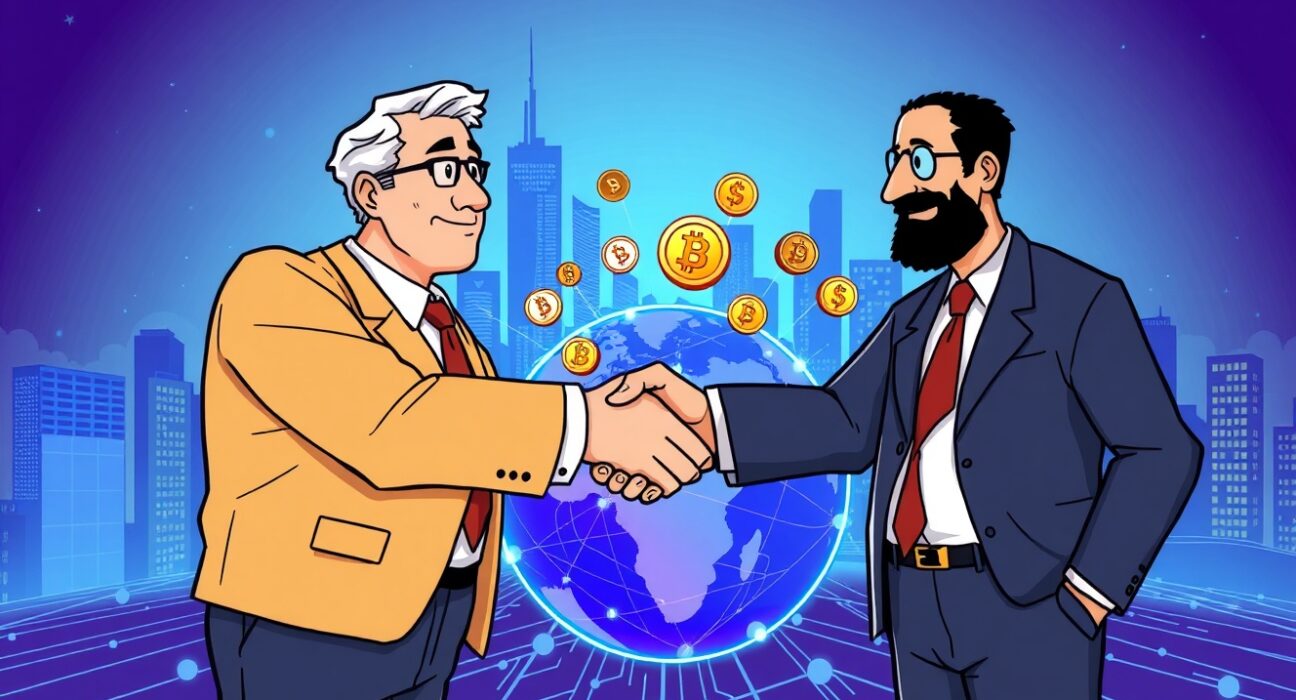 Two financial leaders discussing potential stablecoin cooperation, symbolizing a strategic partnership in digital finance.