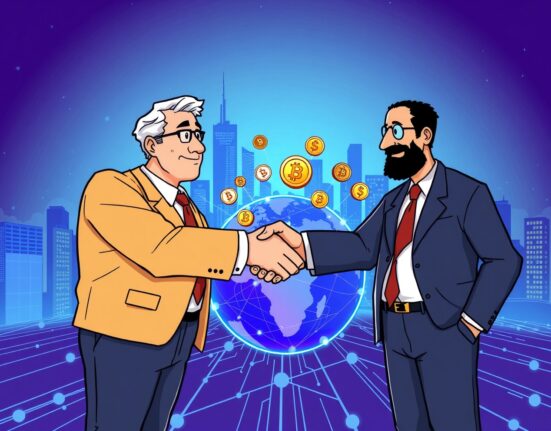Two financial leaders discussing potential stablecoin cooperation, symbolizing a strategic partnership in digital finance.