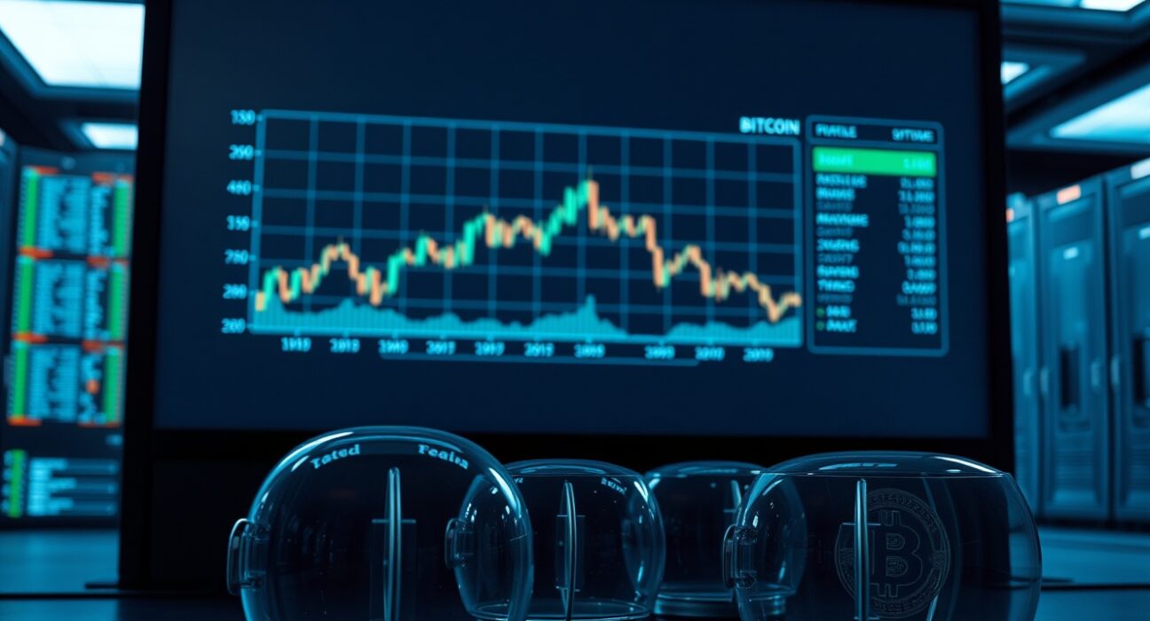 Bitcoin price chart showing sideways trading with empty stablecoin vaults in foreground