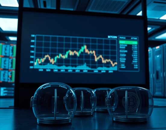 Bitcoin price chart showing sideways trading with empty stablecoin vaults in foreground