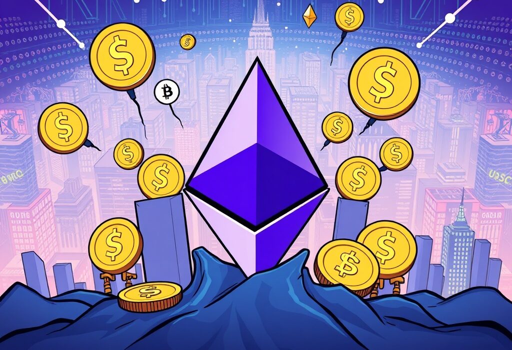 A cartoon illustration depicting rapid stablecoin expansion driving growth and demand for the Ethereum blockchain.