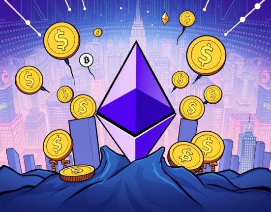 A cartoon illustration depicting rapid stablecoin expansion driving growth and demand for the Ethereum blockchain.