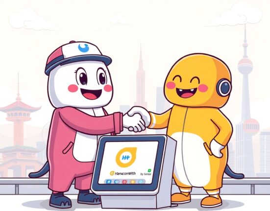 Cartoon illustration of Danal and Hancom With collaborating on innovative stablecoin financial services for global users.