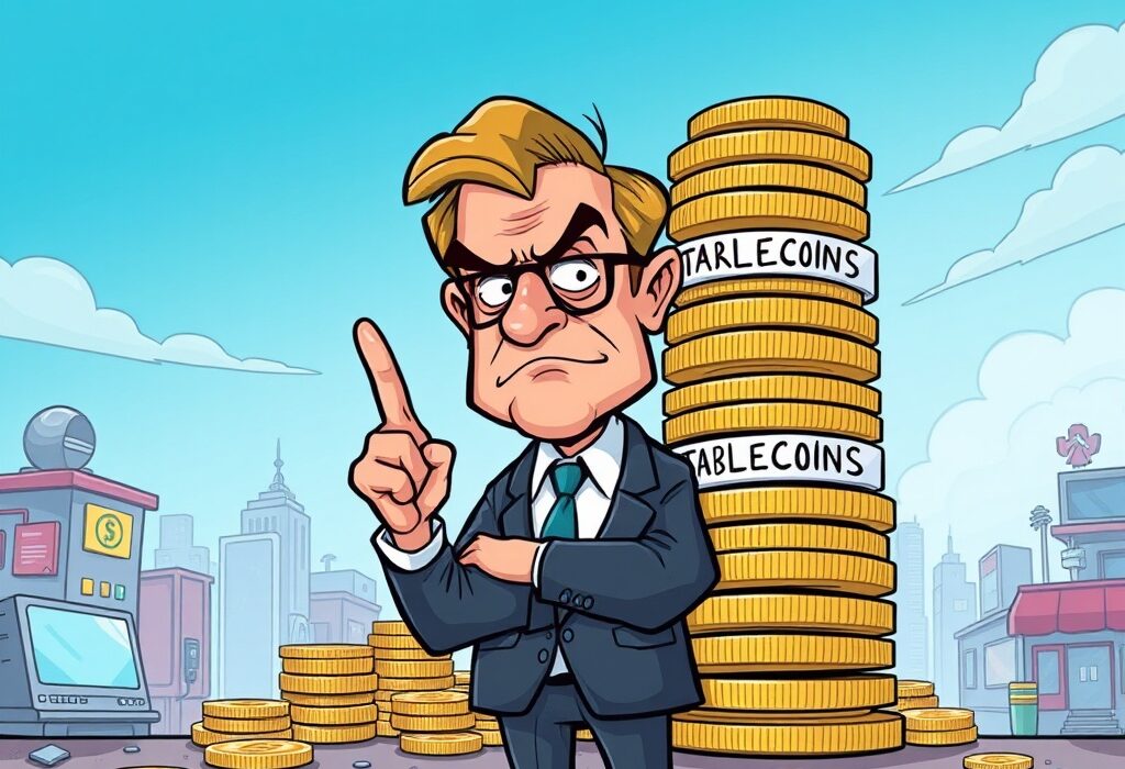 A cartoon illustration depicting a central banker warning about the potential stablecoin financial stability risks posed by a wobbly stack of digital coins.