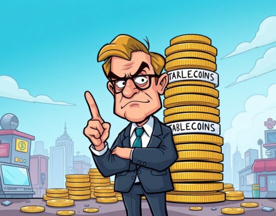 A cartoon illustration depicting a central banker warning about the potential stablecoin financial stability risks posed by a wobbly stack of digital coins.