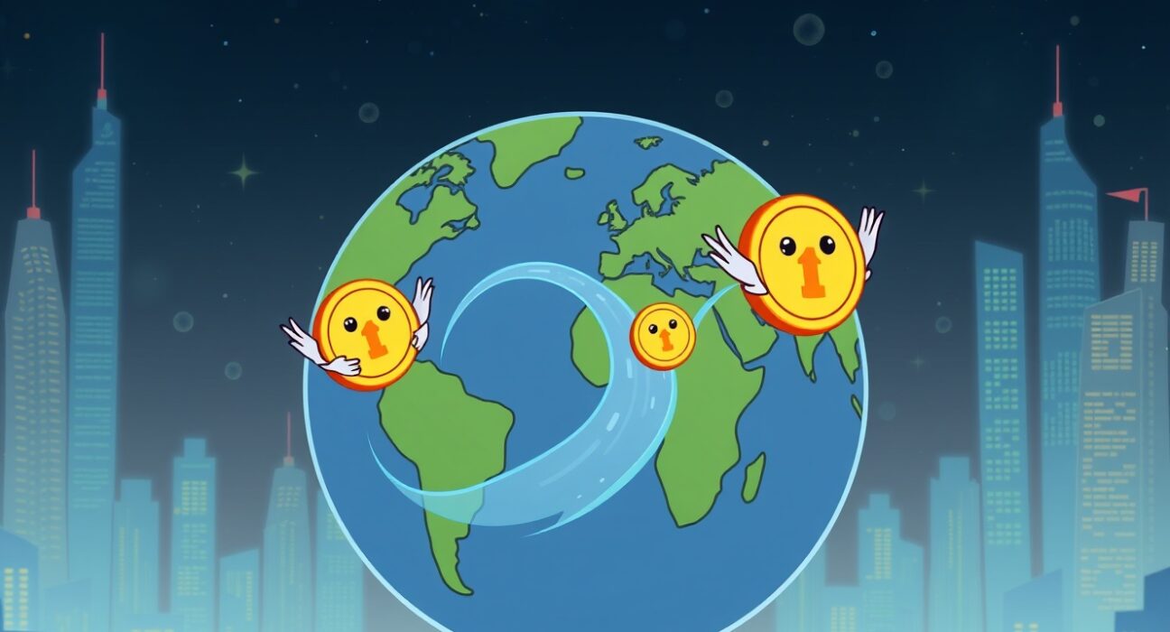 A vibrant cartoon illustrating a stablecoin firm facilitating fast global money transfers across continents.