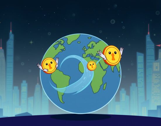 A vibrant cartoon illustrating a stablecoin firm facilitating fast global money transfers across continents.