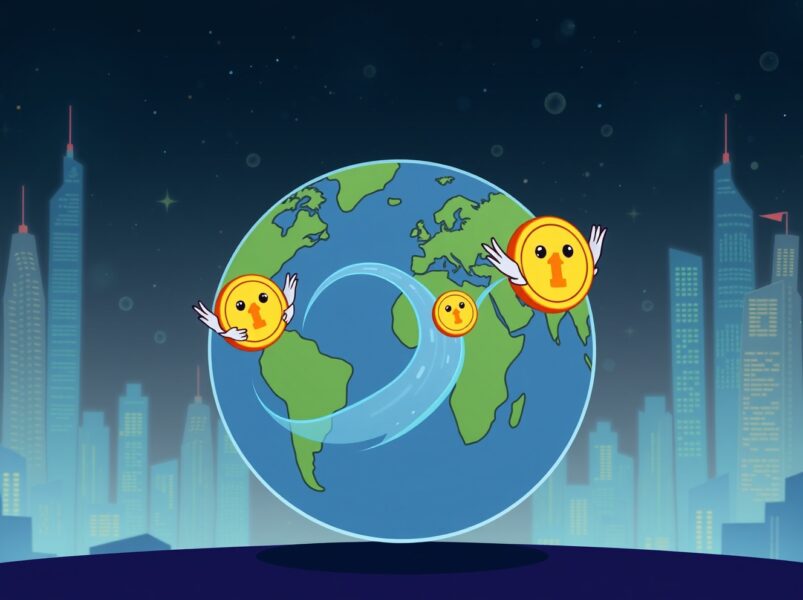A vibrant cartoon illustrating a stablecoin firm facilitating fast global money transfers across continents.