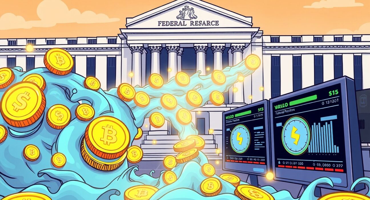 Cartoon showing significant stablecoin flows into crypto exchanges, reflecting market anticipation before a key US rate decision.