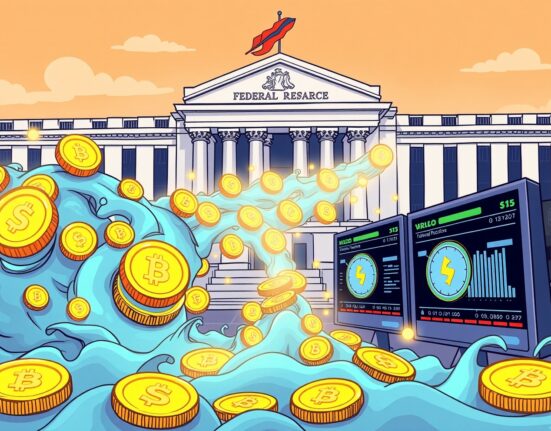 Cartoon showing significant stablecoin flows into crypto exchanges, reflecting market anticipation before a key US rate decision.