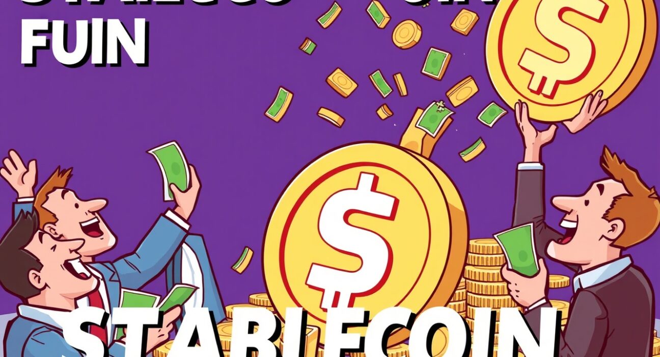 A cartoon illustration showing significant stablecoin funding and investment flowing into the digital asset market, symbolizing rapid growth.